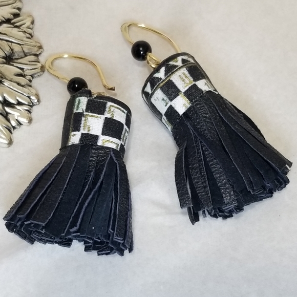 Leather and Copper Afro Boho Chic Black Tassel Earrings. 2.75" - Picture 5 of 8